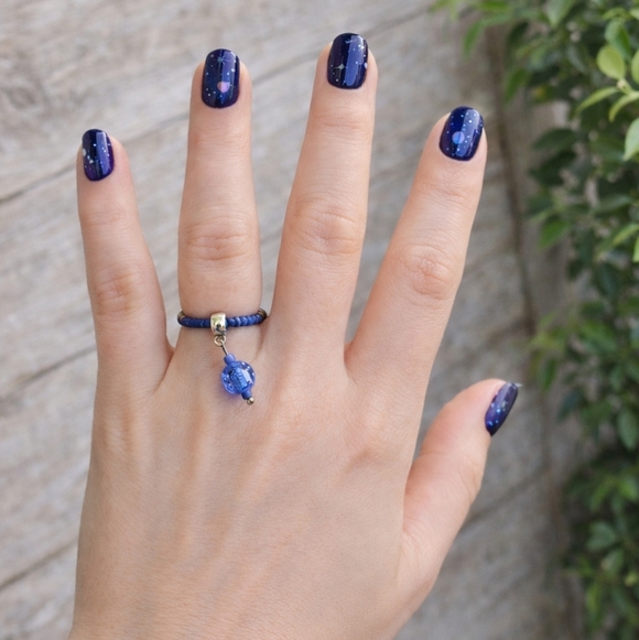Hand Crafted Jewelry - Handmade Neptune Dangle Ring – Stretchy Blue Beaded Ring with Dangle Charm